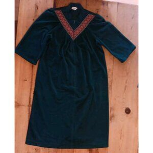 Vtg Vanity Fair M Velour Half Zip Up Robe Green Long Housecoat Ornate Ribbon